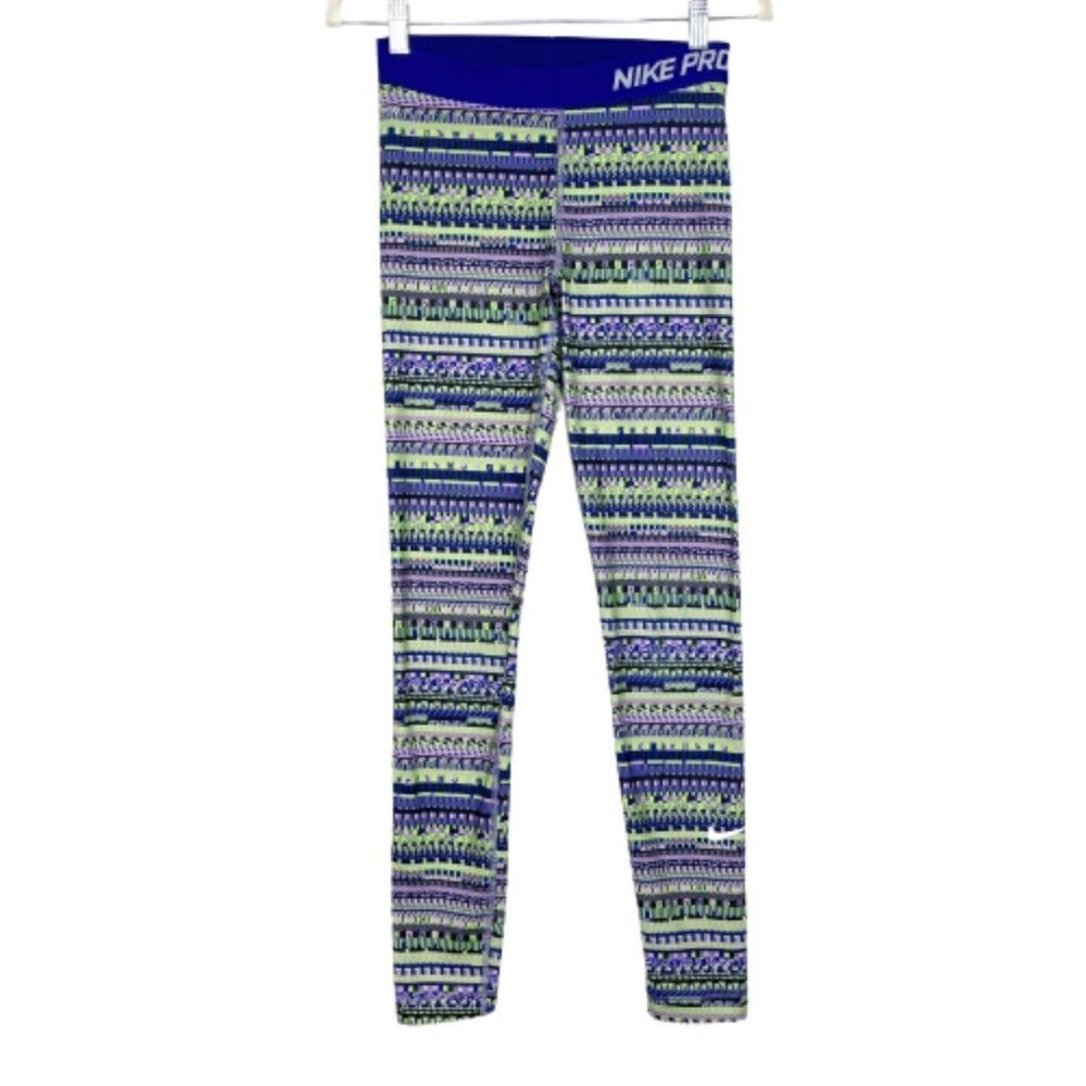 Nike Pro Warm Leggings‎ Womens Size Medium Purple Green Stripe Lined Base Layer